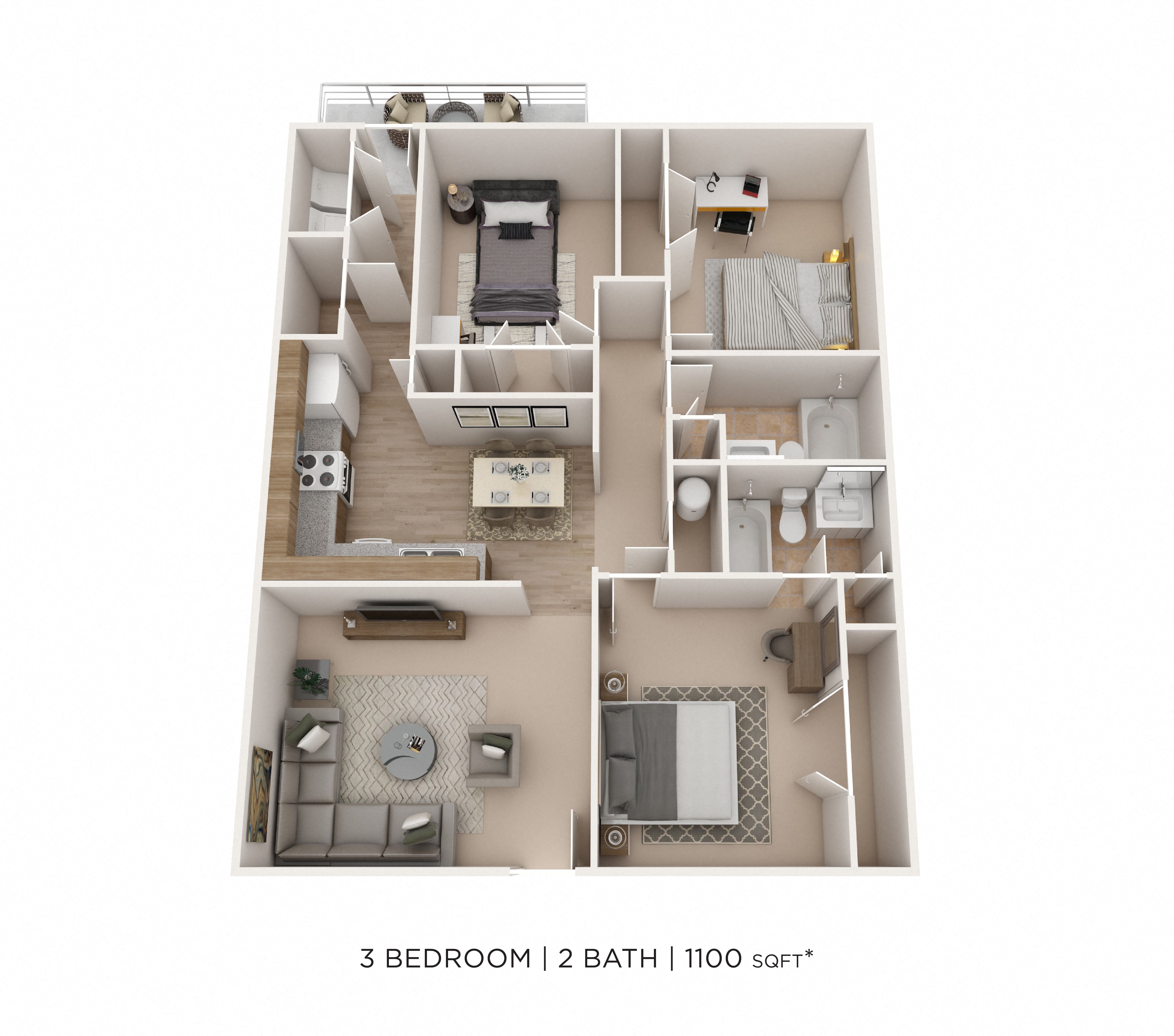 Three Bedroom 2 Bath floor plan