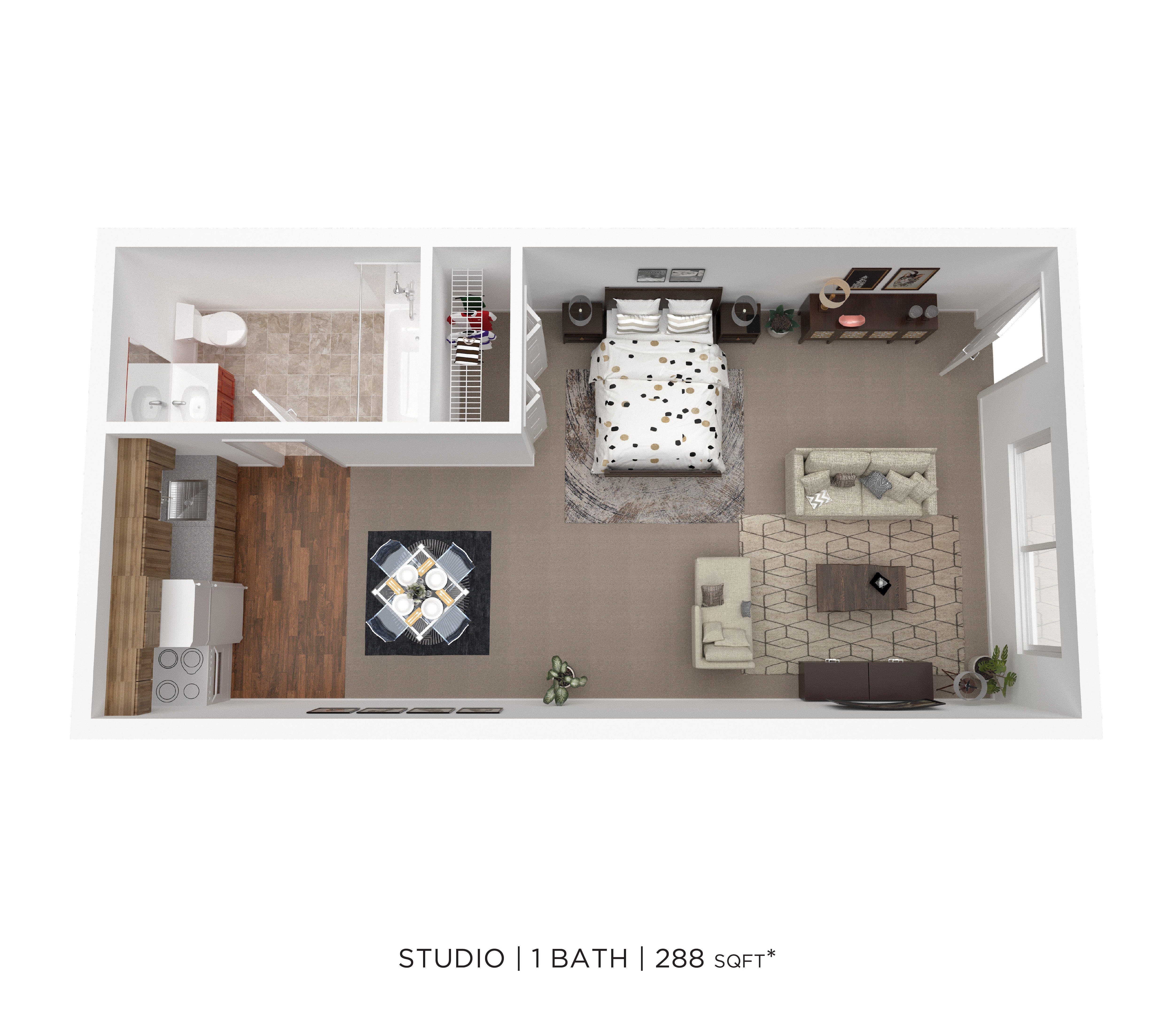 Studio One Bath Open floor plan