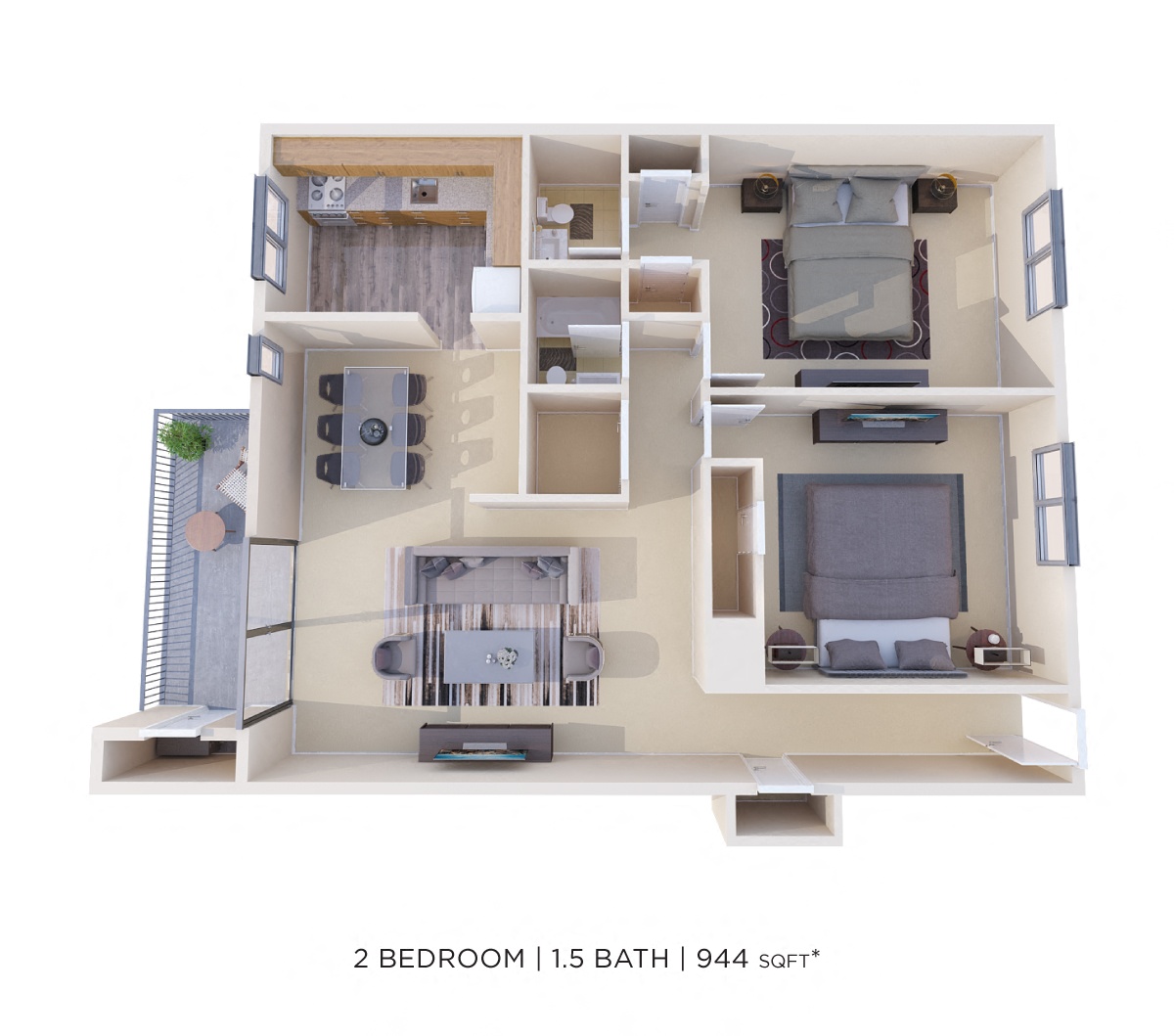 Two Bedroom 1.5 Bath - 944 sqft floor plan