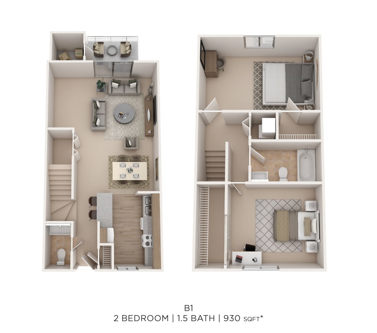Two Bed  1.5 Bath  930 Sqft floor plan