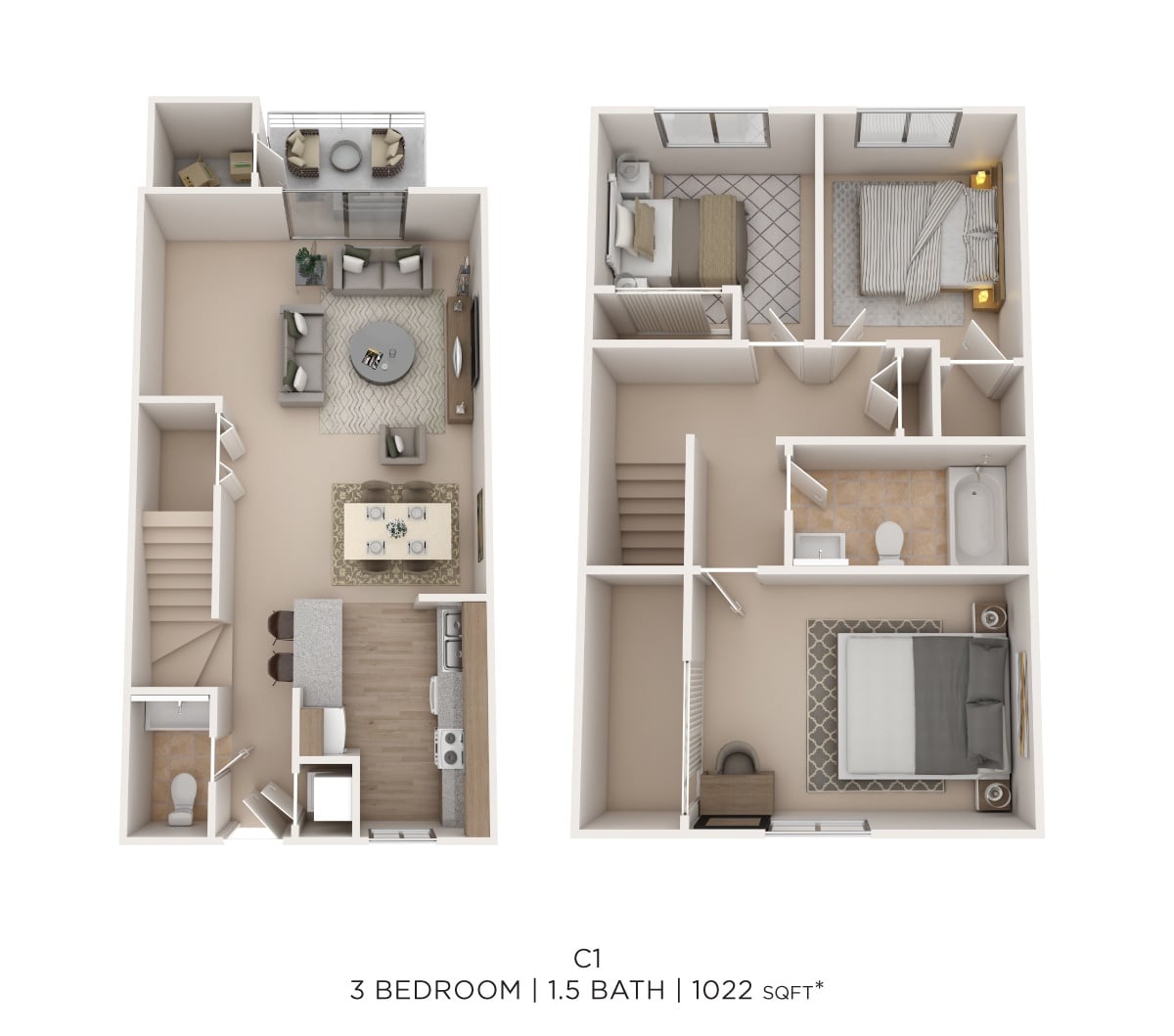 Three Bed 1.5 Bath 1022 Sqft floor plan