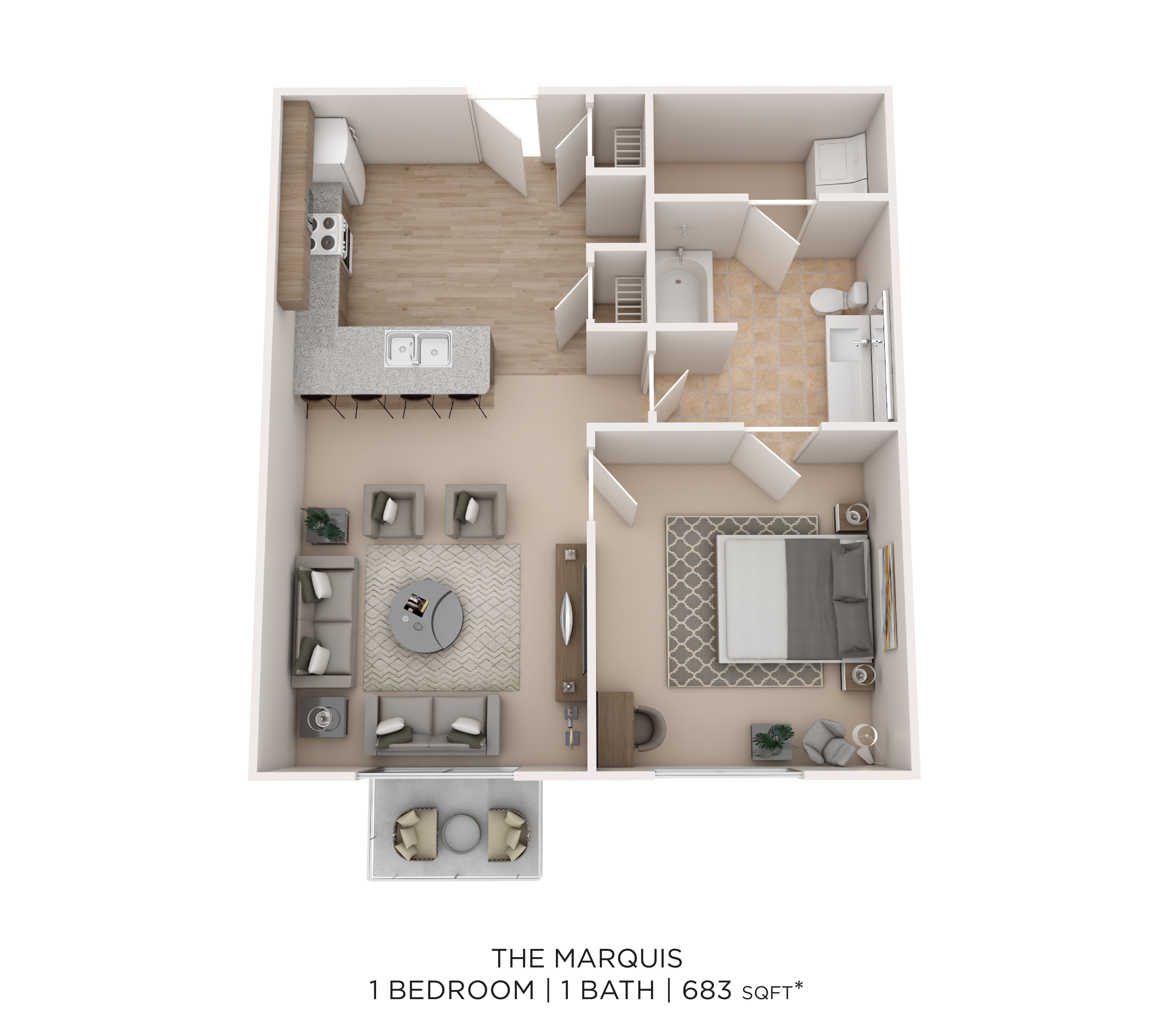 Marquis C - 1 Bed 1 Bath 683 sqft floor plan