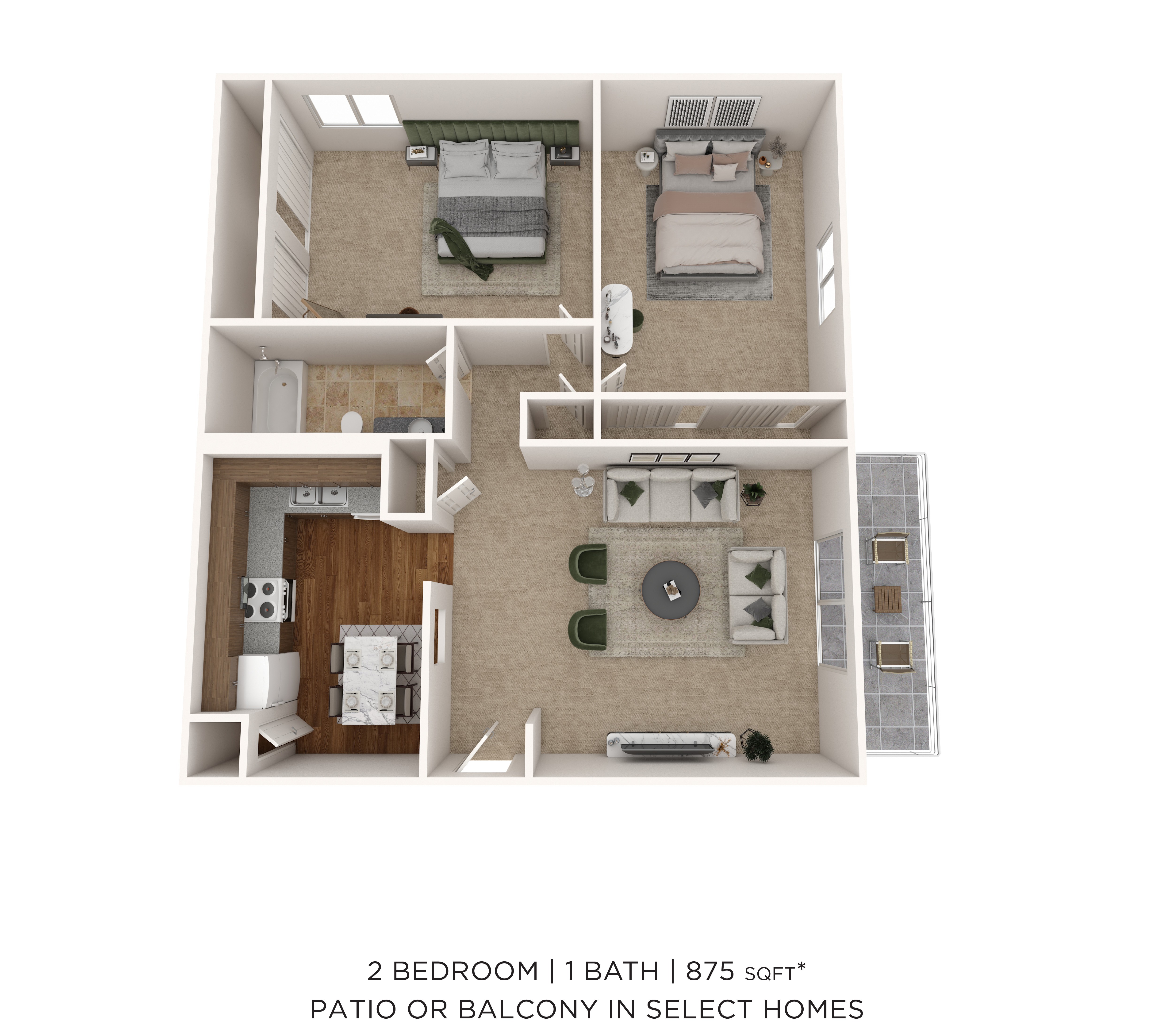 Two Bedroom- 875 sqft floor plan