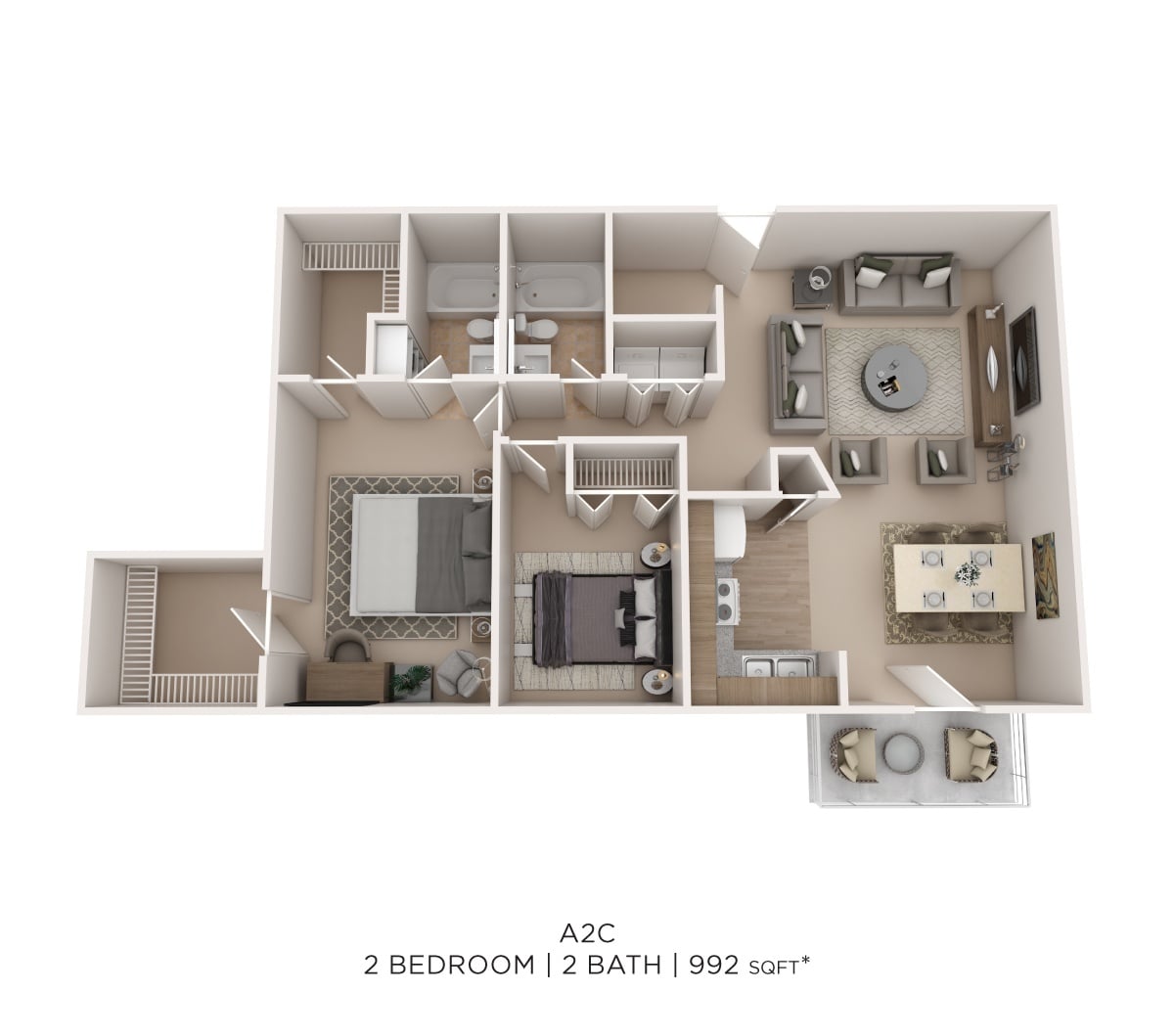 Two Bedroom 2 Bath - 992 sqft floor plan