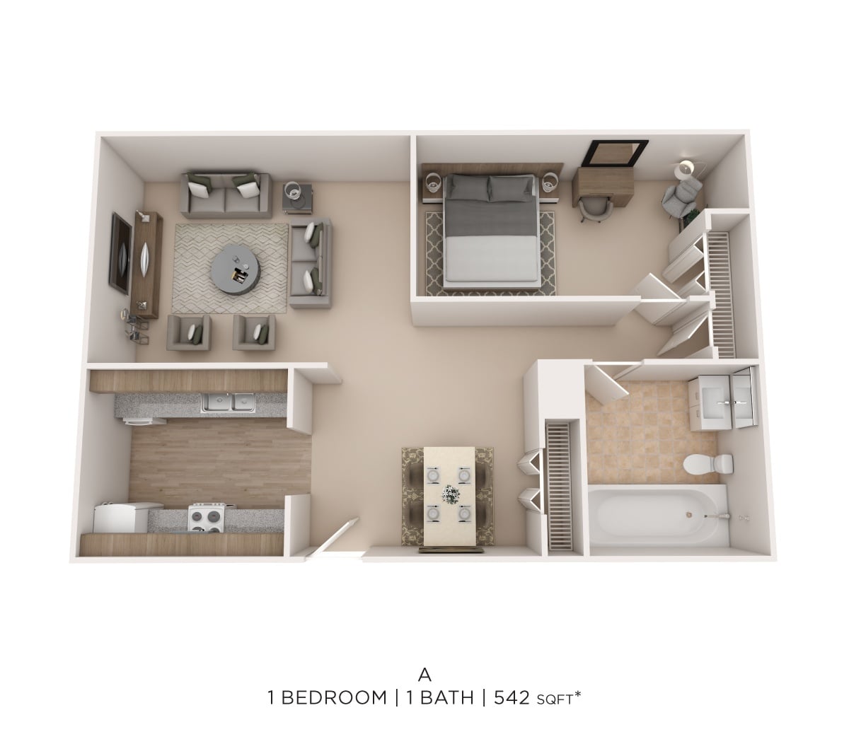 One Bedroom - 542 sqft floor plan