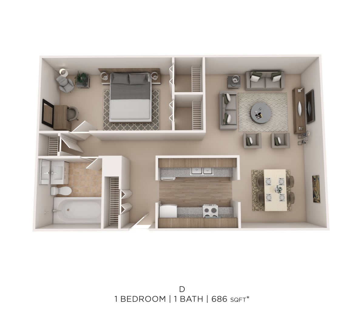 One Bedroom - 686 sqft floor plan