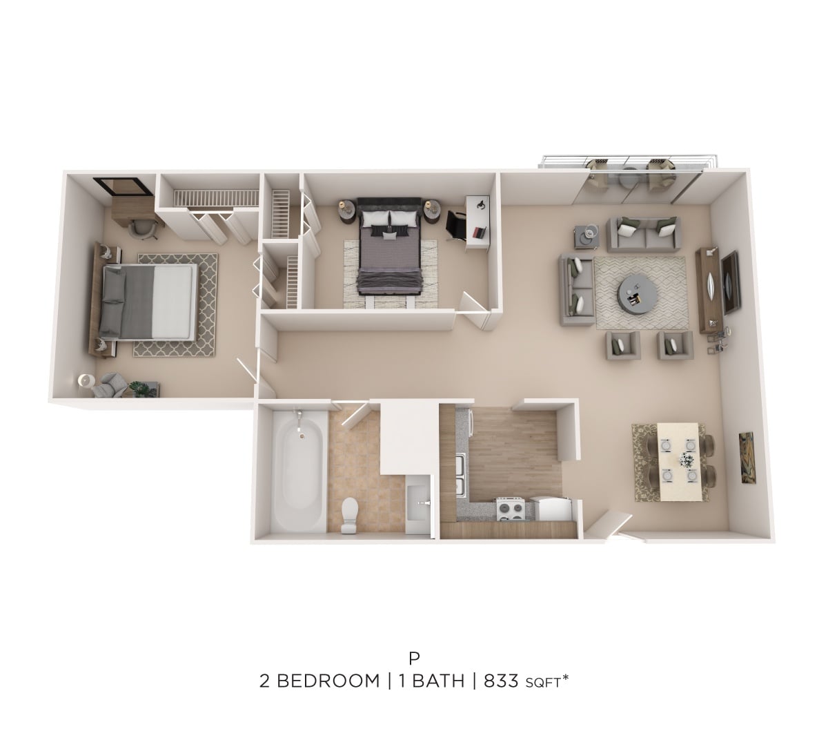 Two Bedroom - 833 sqft floor plan