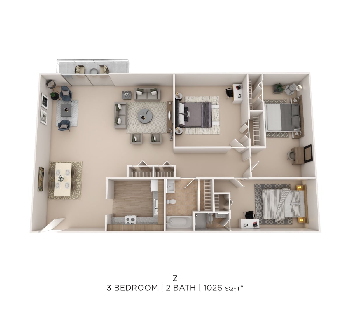 Three Bedroom - 1,026 sqft floor plan