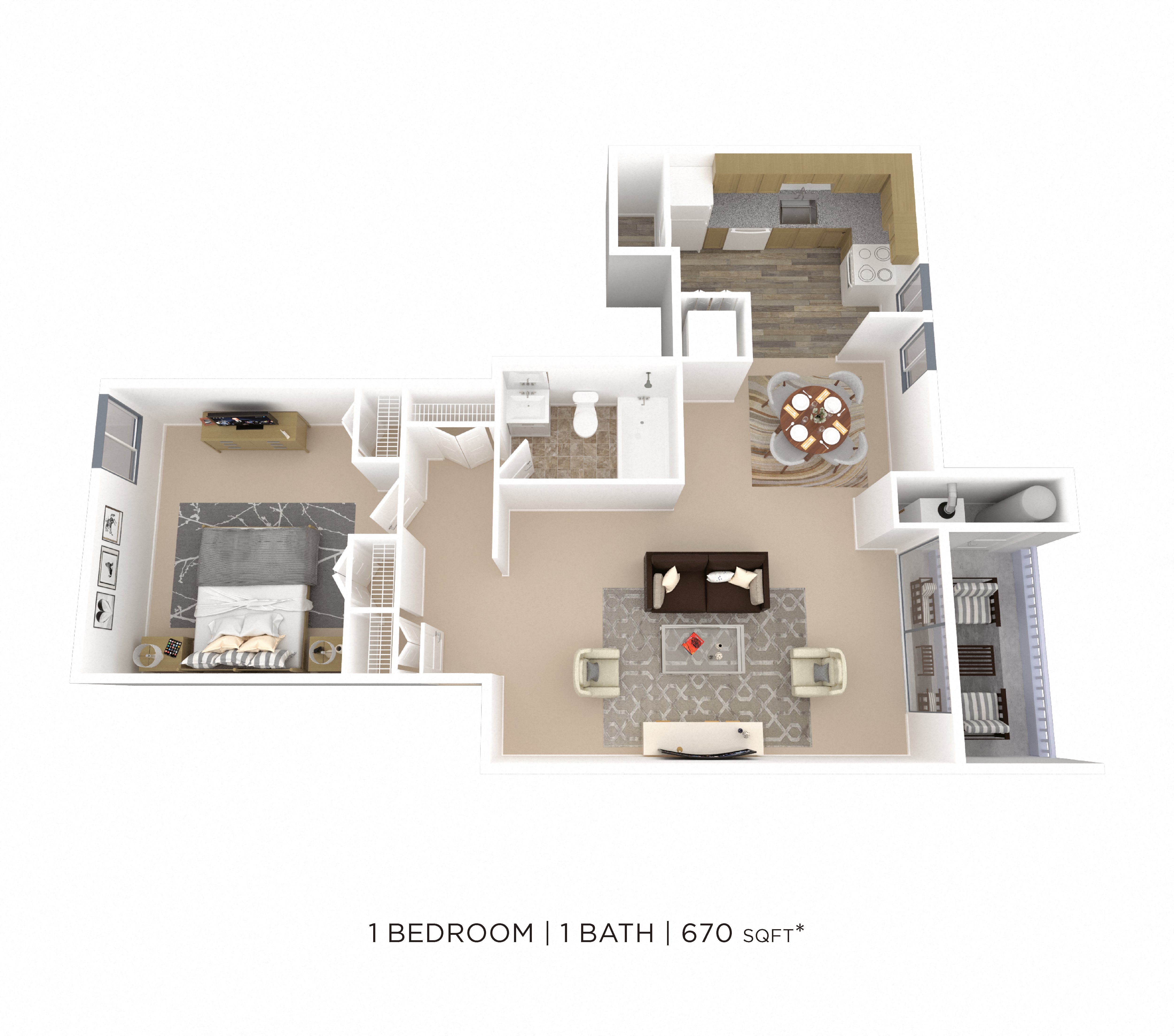 One Bedroom - 670 sqft floor plan