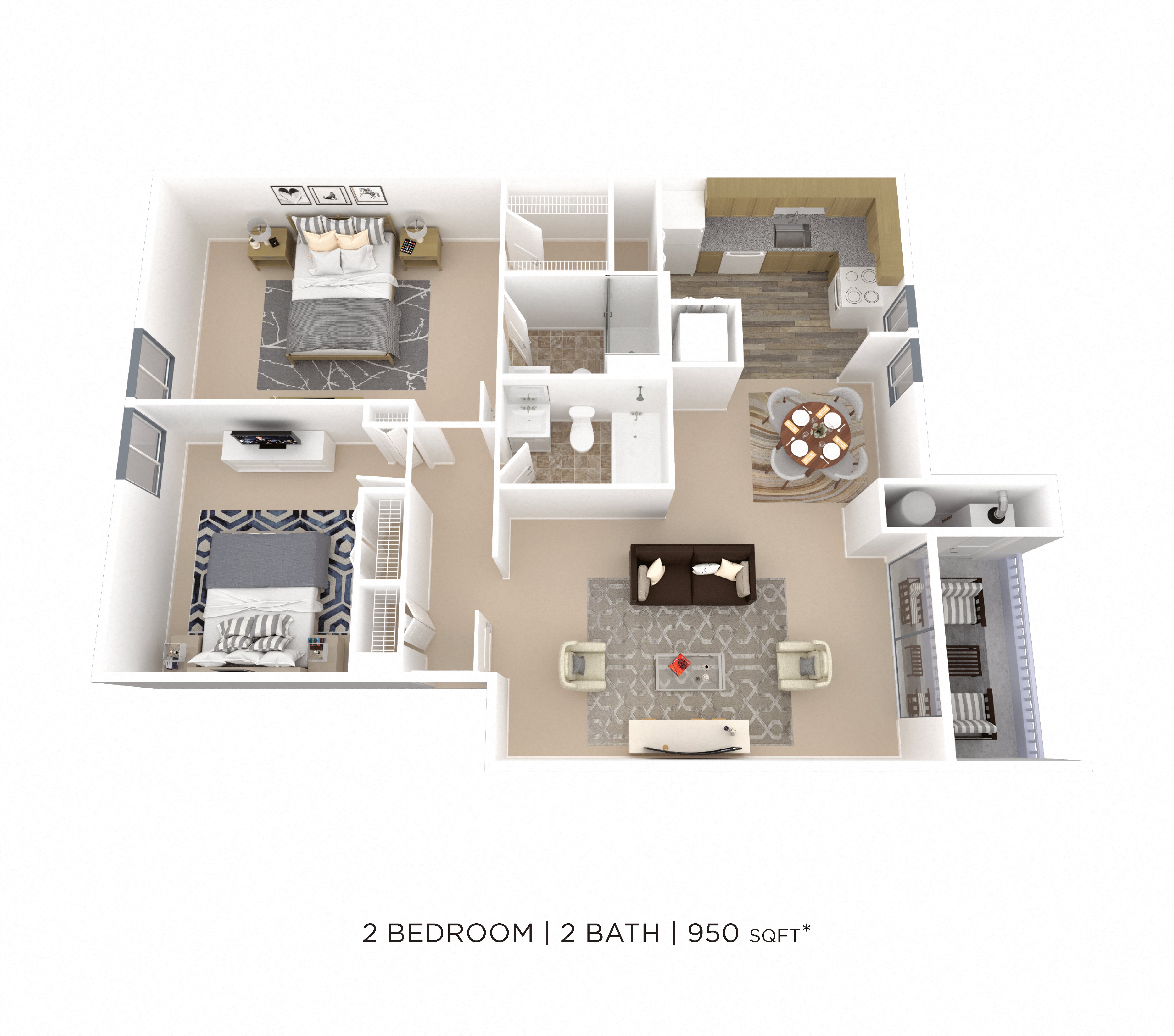 Two Bedroom 2 Bath - 950 sqft floor plan