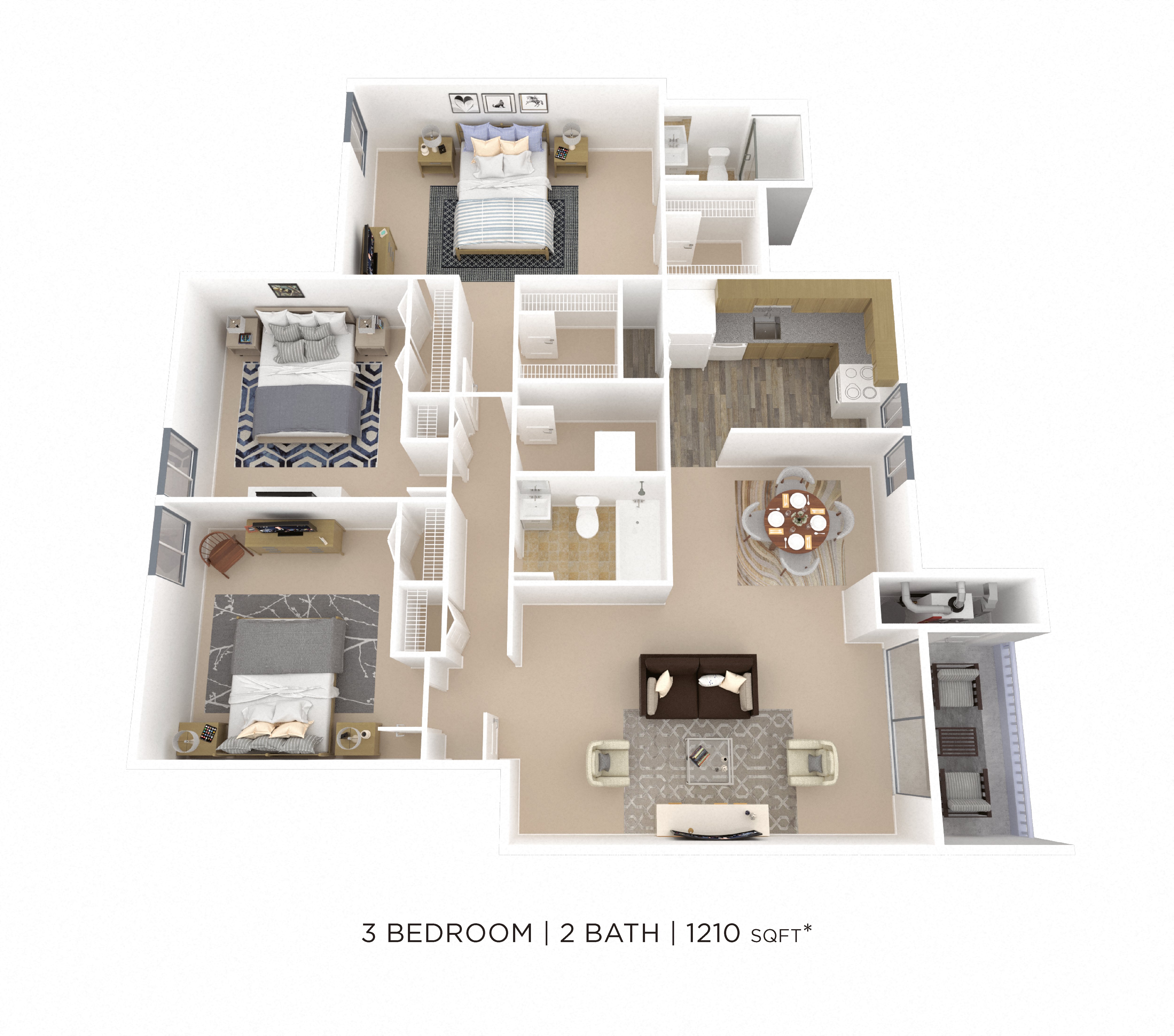 Three Bedroom 2 Bath - 1,210 sqft floor plan