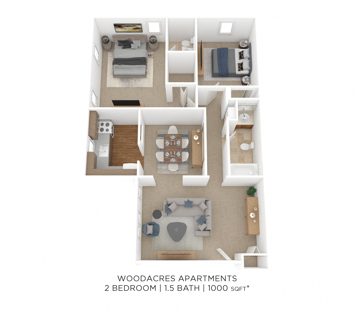 Two Bedroom 1.5 Bath - 1,000 sqft floor plan