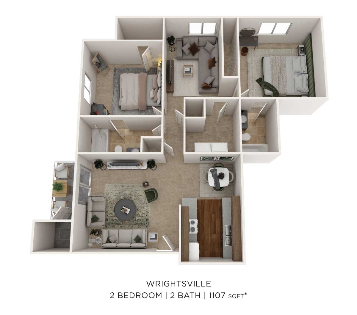 Two Bedroom 2 Bath - 1,107 sqft floor plan