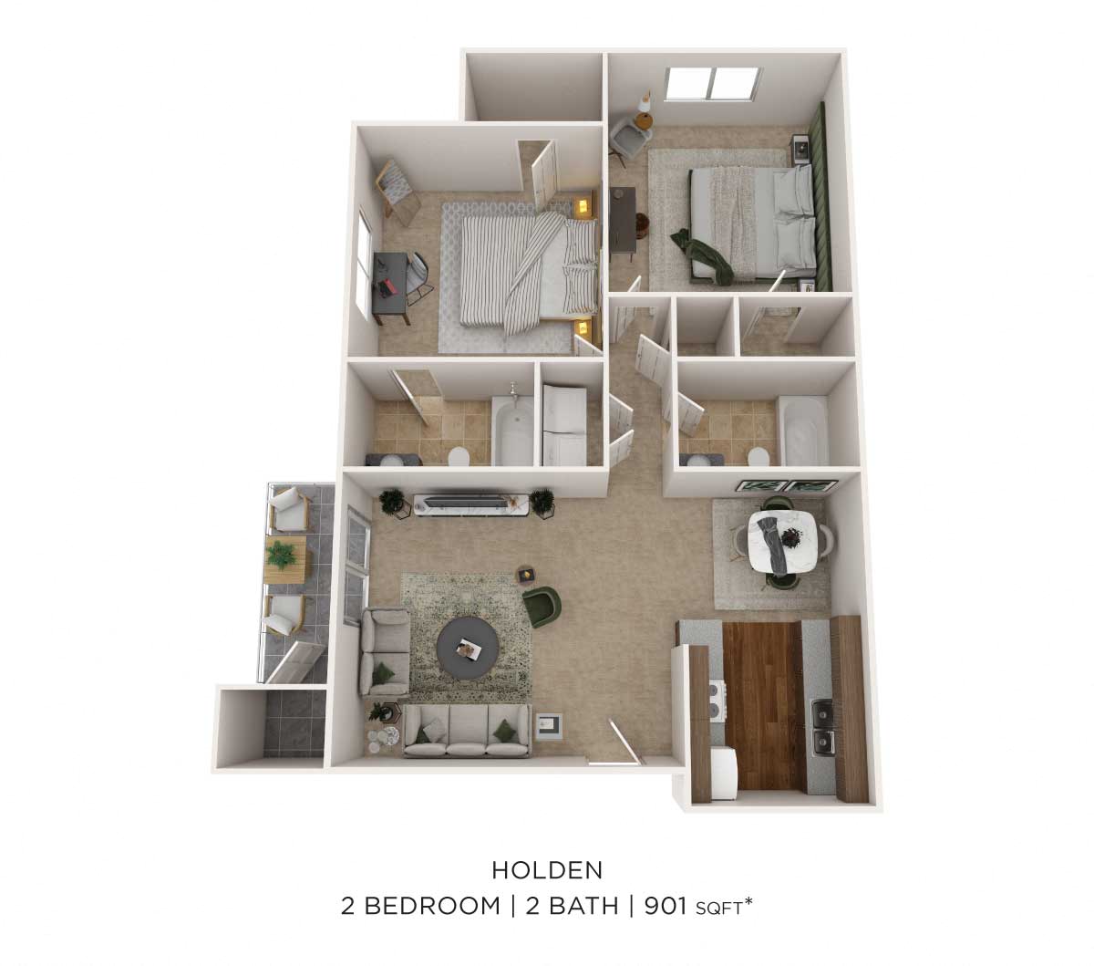 Two Bedroom 2 Bath - 901 sqft floor plan