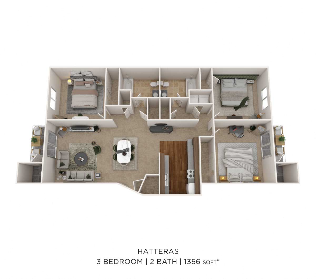 Three Bedroom 2 Bath - 1,356 sqft floor plan