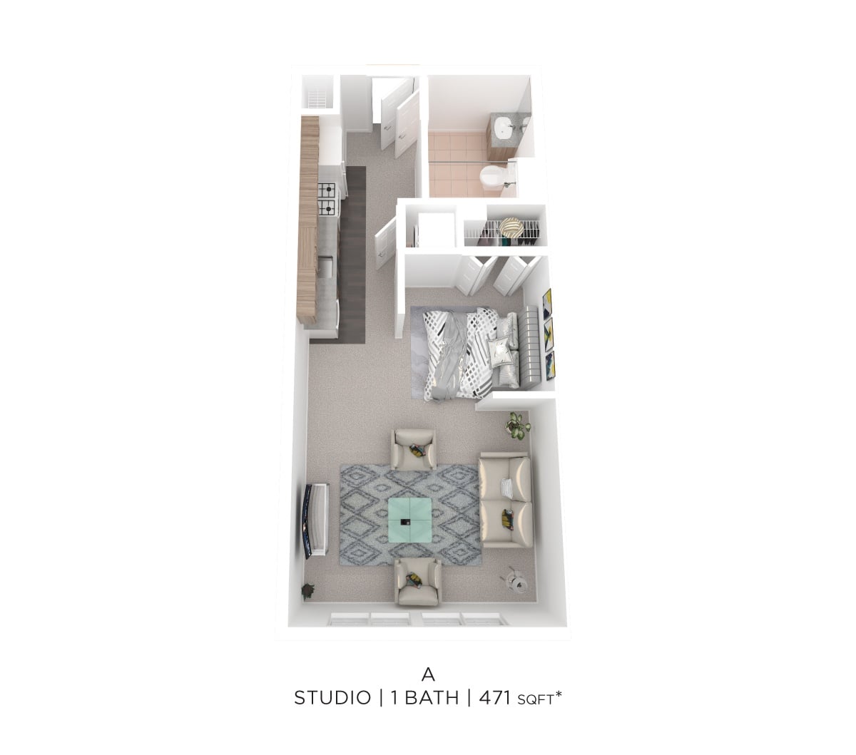Studio One Bath A - 471 sqft floor plan