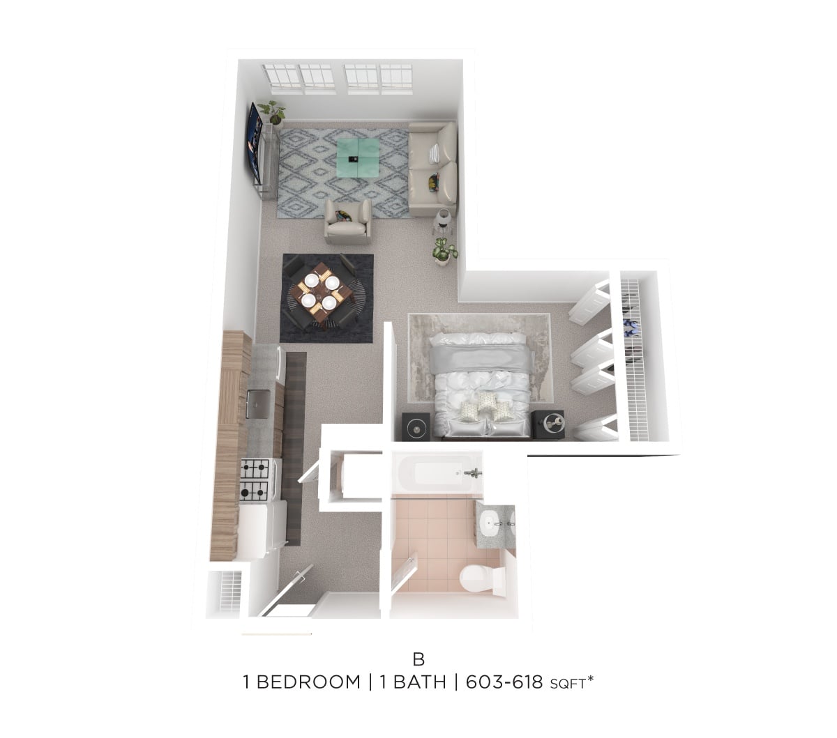 One Bed One Bath B - 603sqft floor plan