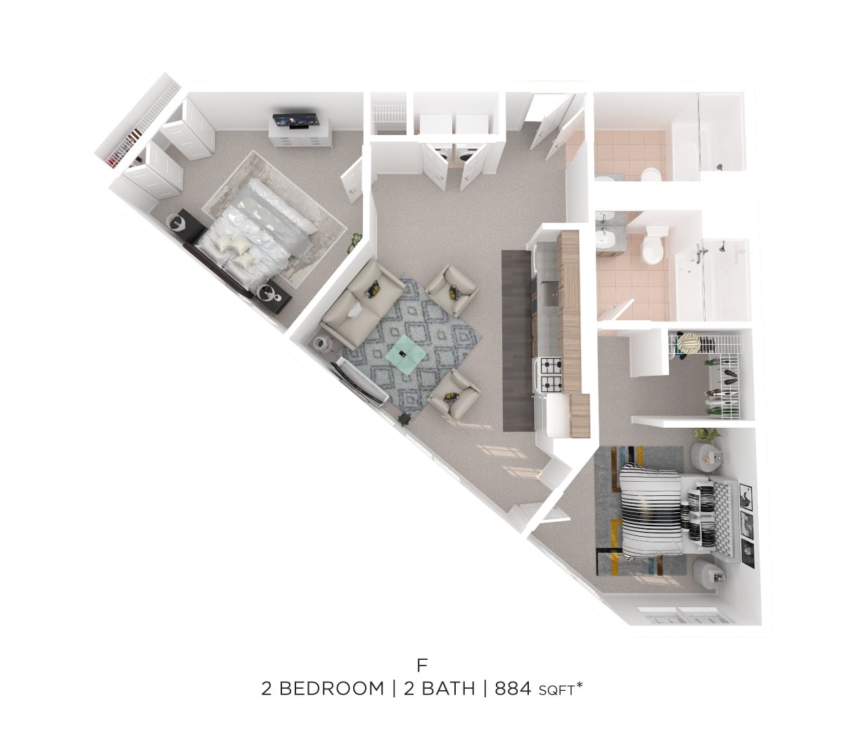 ARO - Two Bed Two Bath F2  - 884sqft floor plan