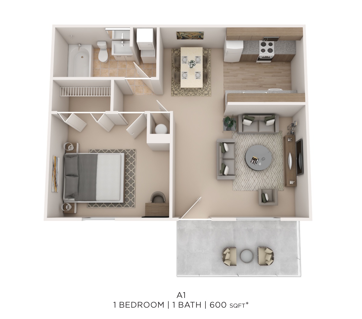 One Bed One Bath 600 Sqft floor plan