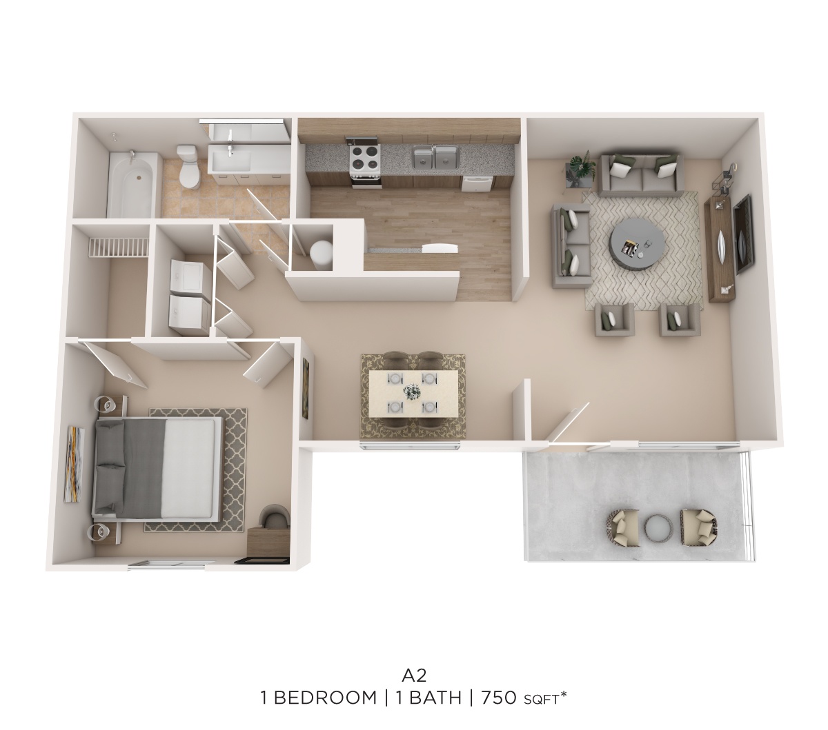 One Bed One Bath 750 Sqft floor plan
