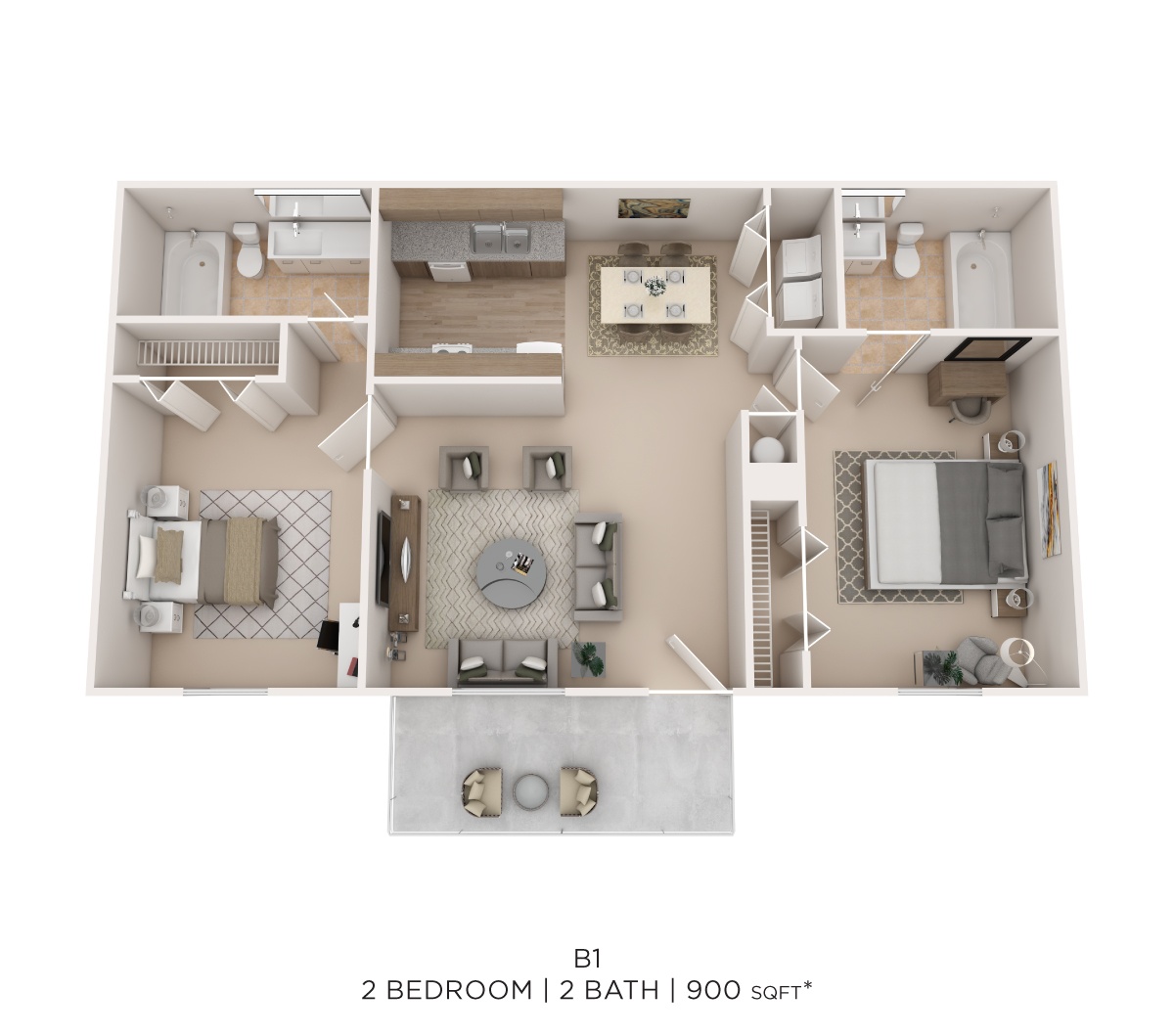 Two Bed Two Bath 900 Sqft floor plan