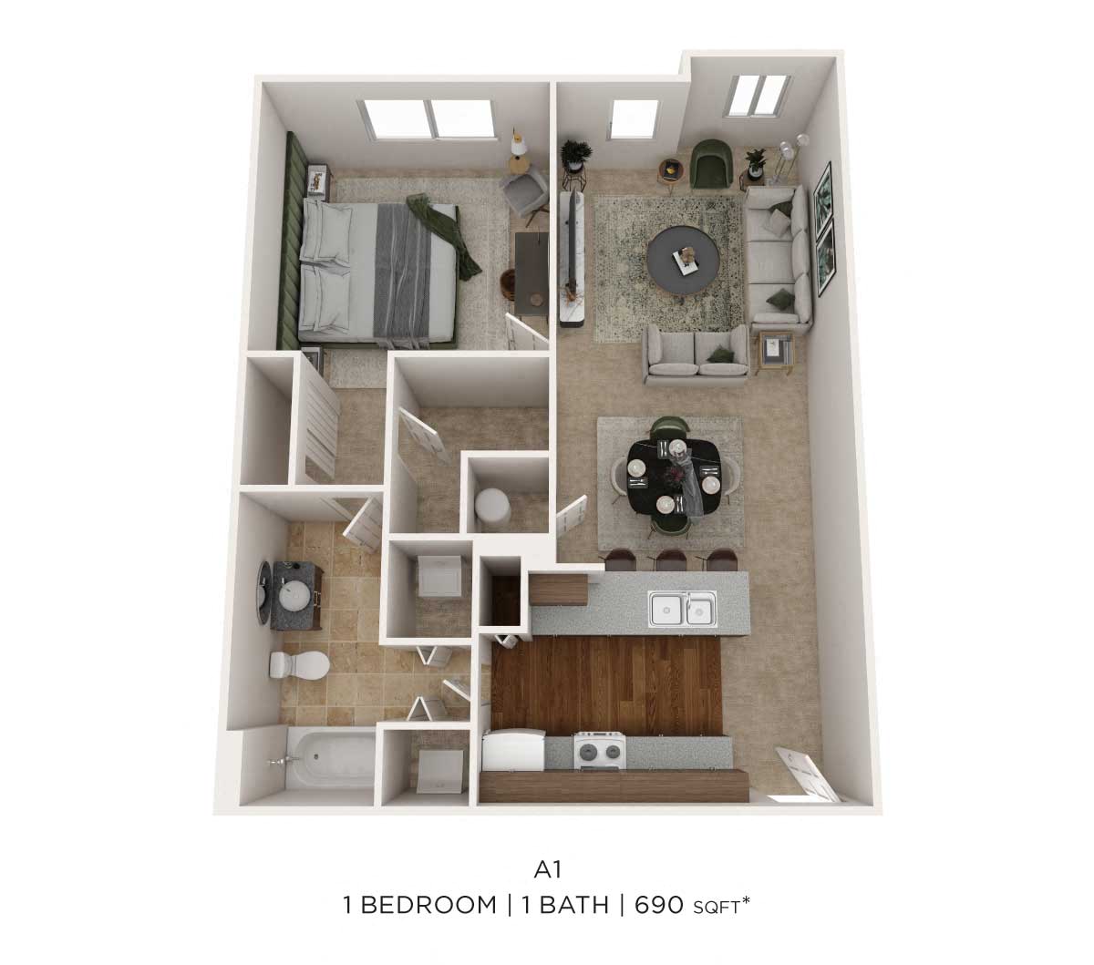 One Bedroom- 690 sqft floor plan