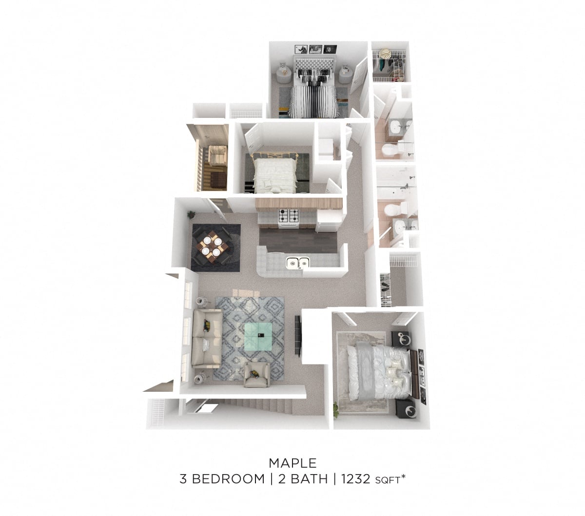 Three Bedroom 2 Bath - 1,232 sqft floor plan