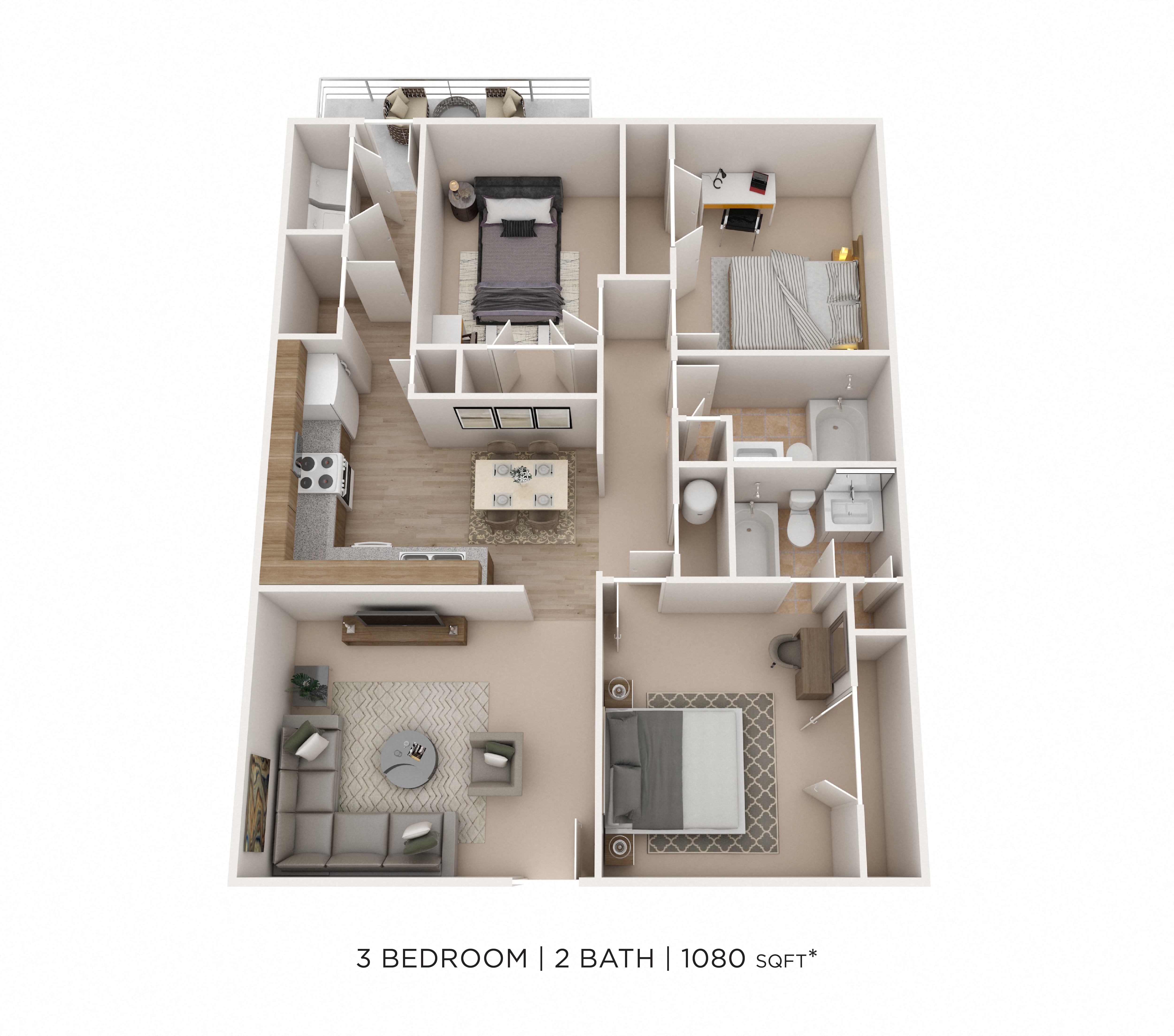 Three Bedroom 2 Bath floor plan