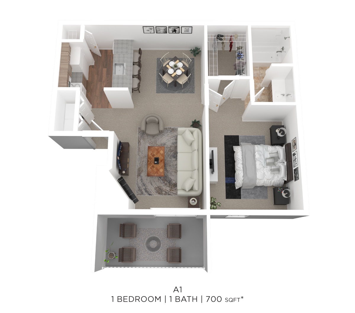 One Bed One Bath 700 Sqft floor plan
