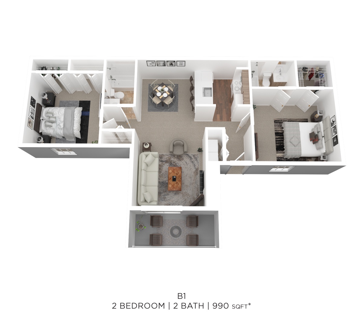 Two Bed Two Bath 990 Sqft floor plan