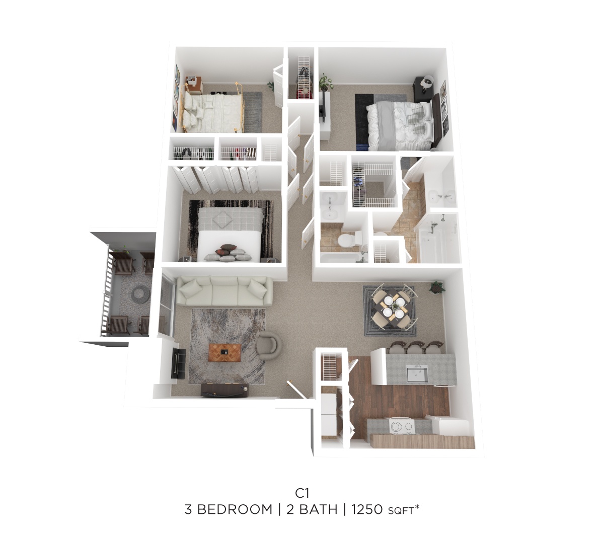Three Bed Two Bath 1250 Sqft floor plan