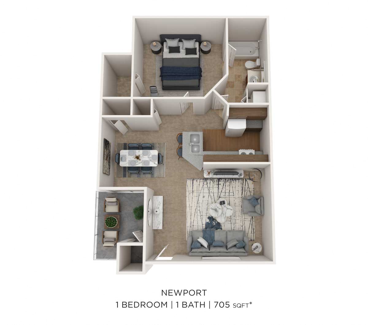 One Bedroom- 705 sqft floor plan