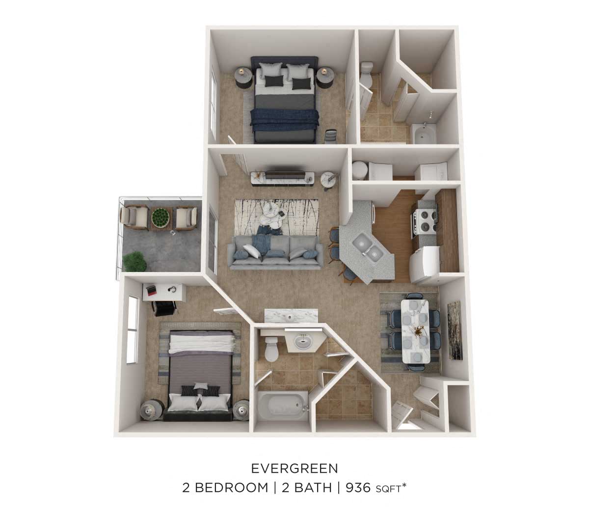 Two Bedroom 2 Bath- 936 sqft floor plan