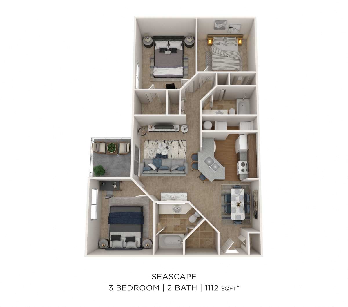 Three Bedroom 2 Bath-1112 sqft floor plan