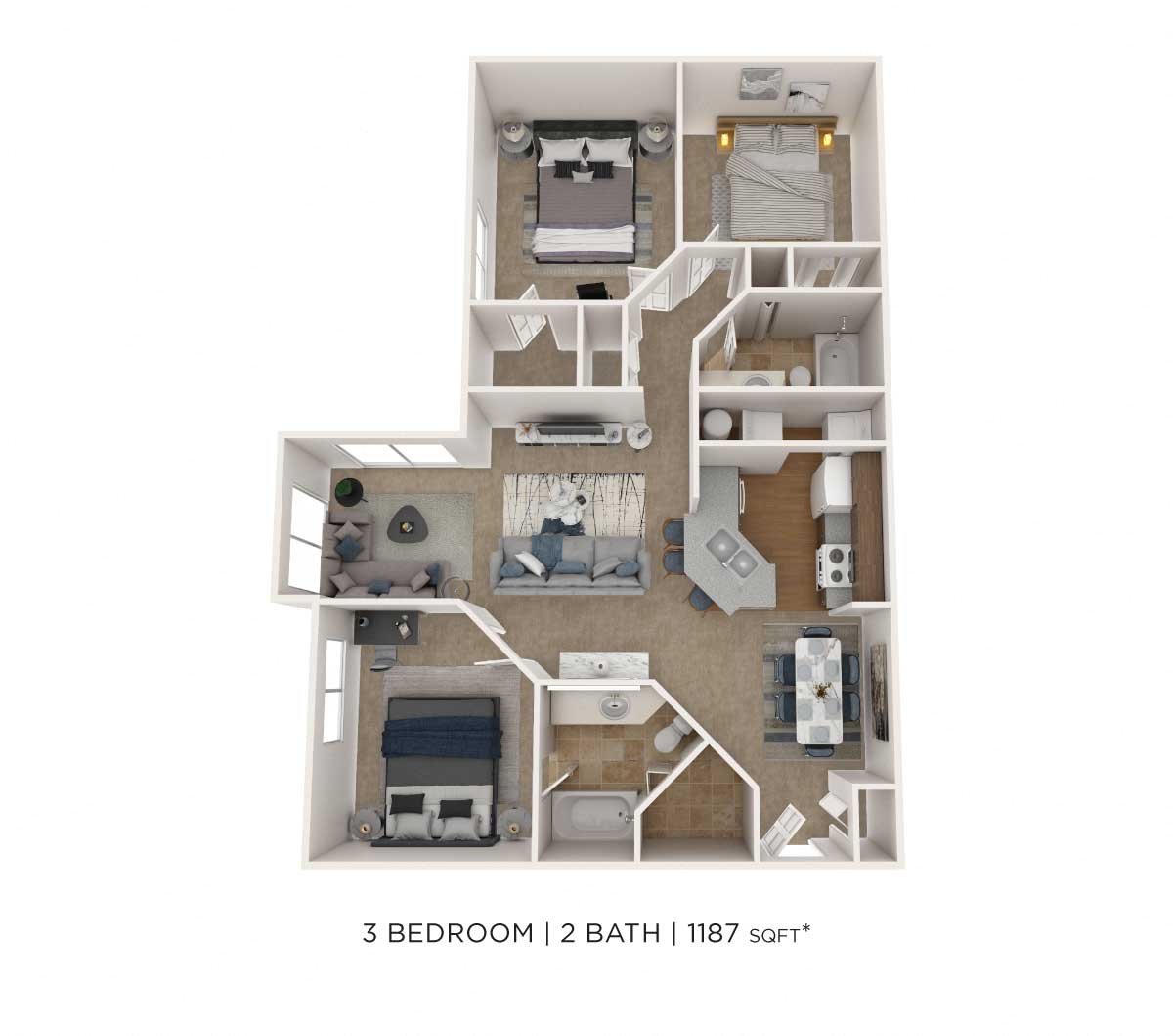 Three Bedroom 2 Bath- 1187 sqft floor plan