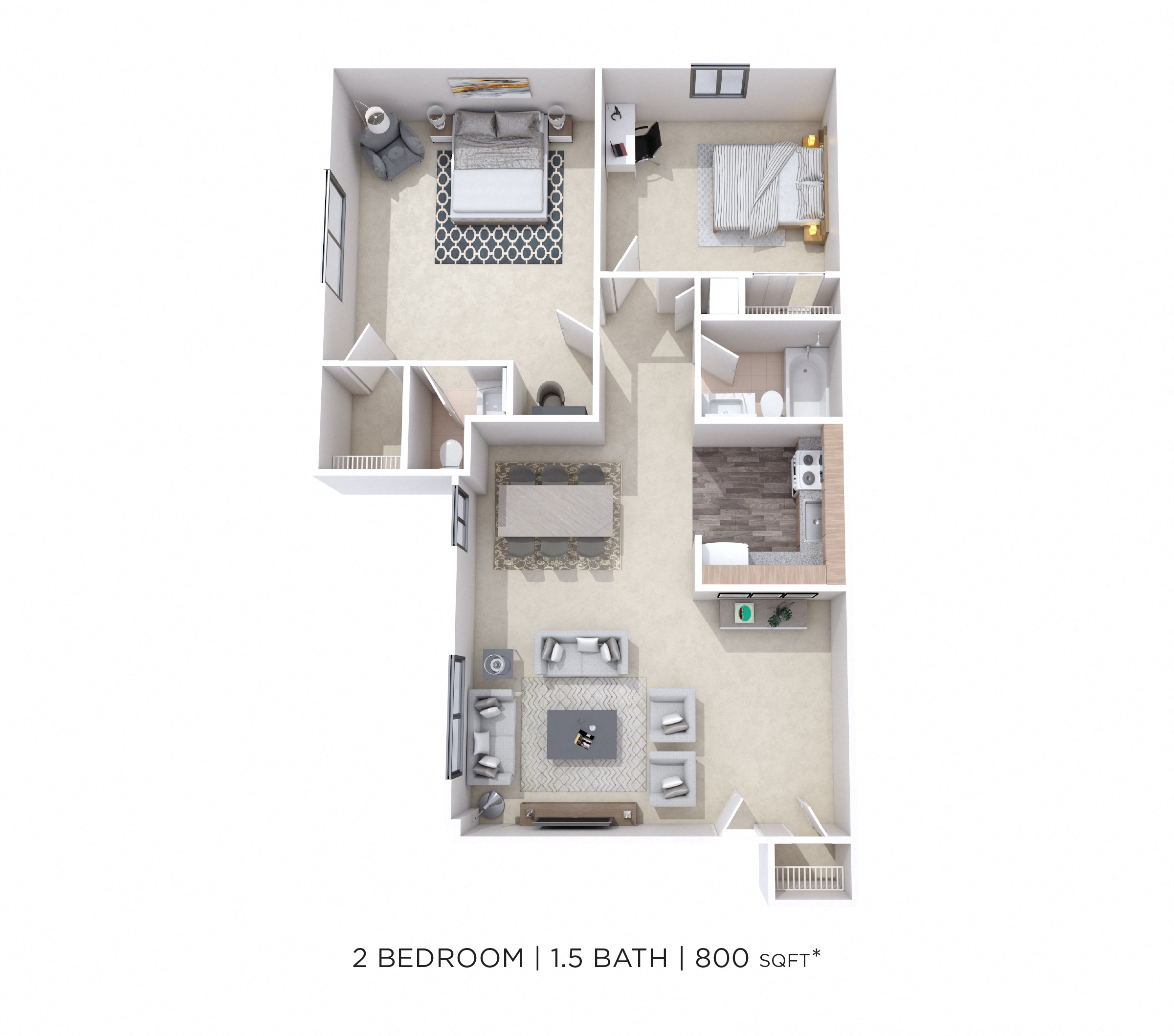Two Bedroom 1.5 Bath - 800 sqft floor plan