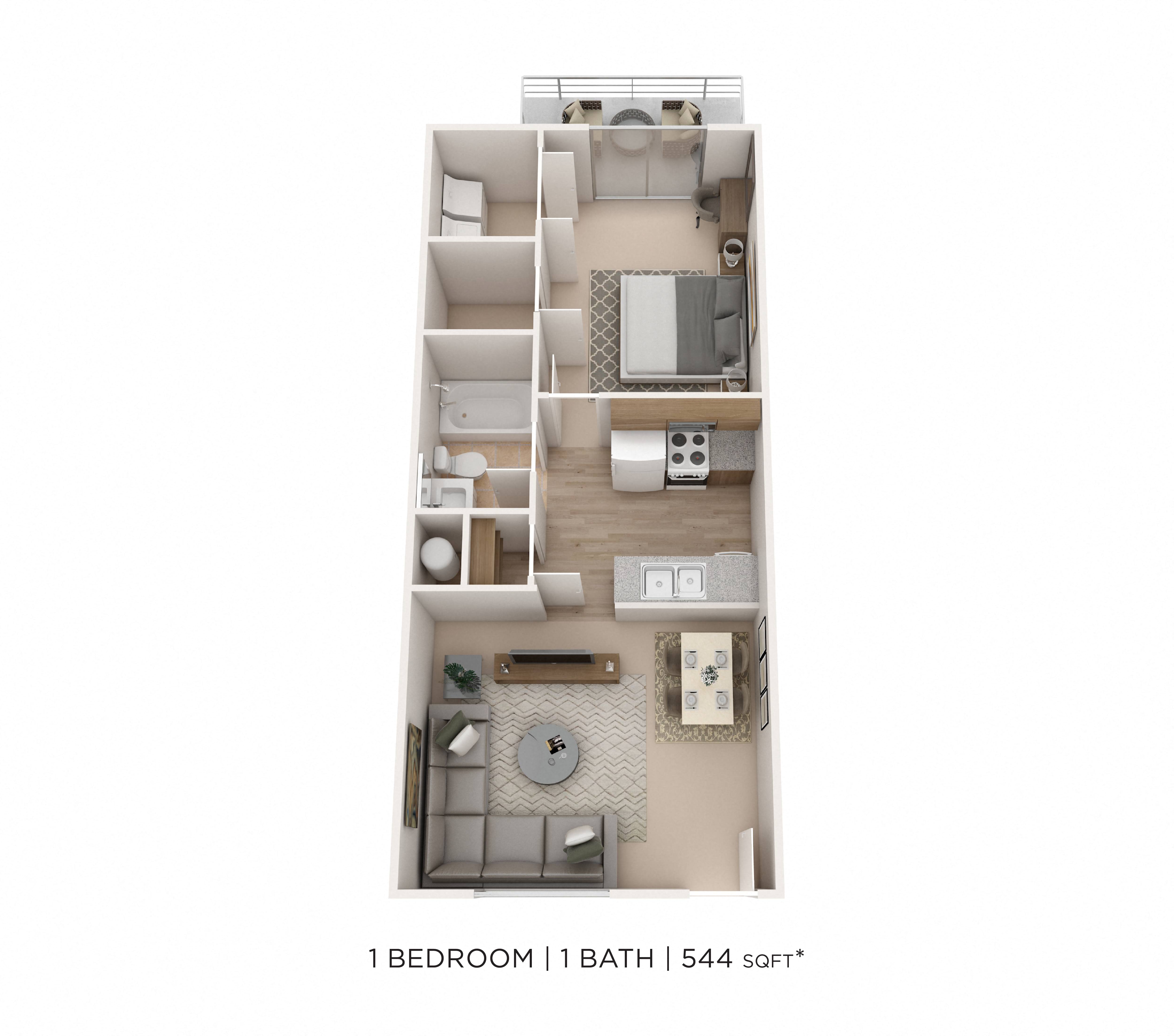 One Bedroom- 544 sqft floor plan