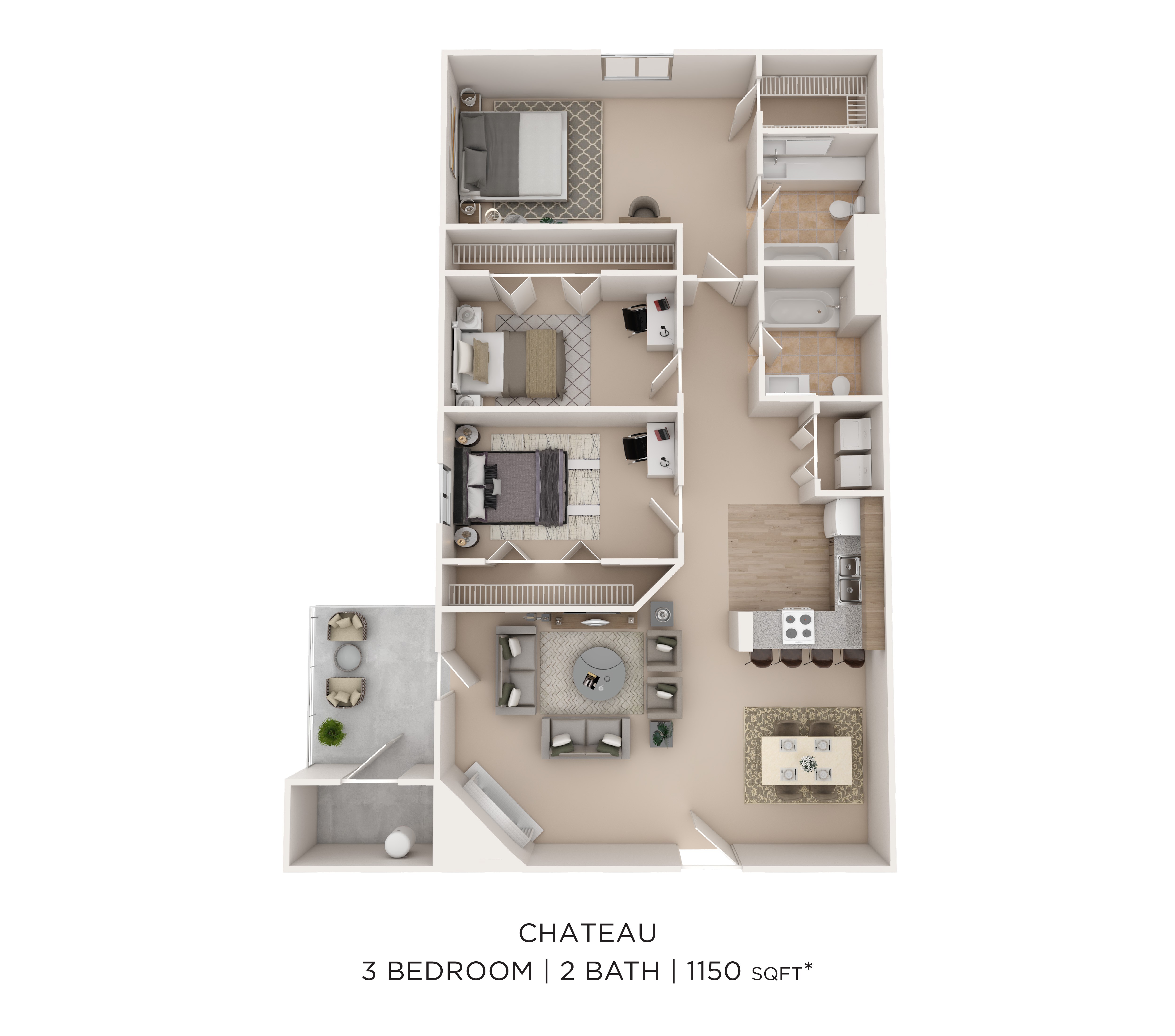 3BR2BA-1150-Chateau floor plan
