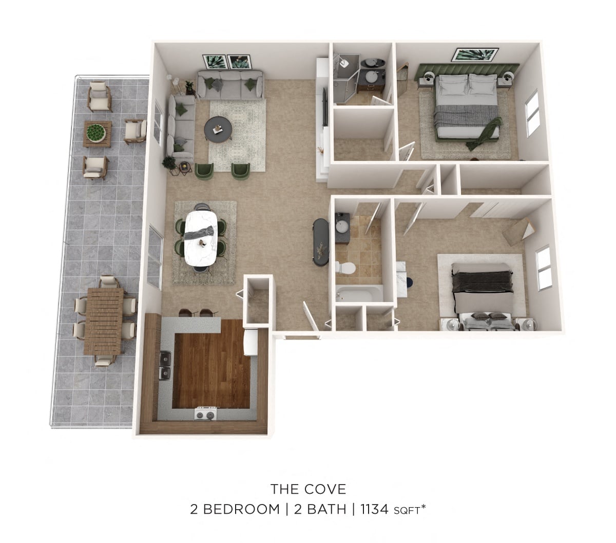 Two bedroom 2 Bath - 1,134 sqft floor plan