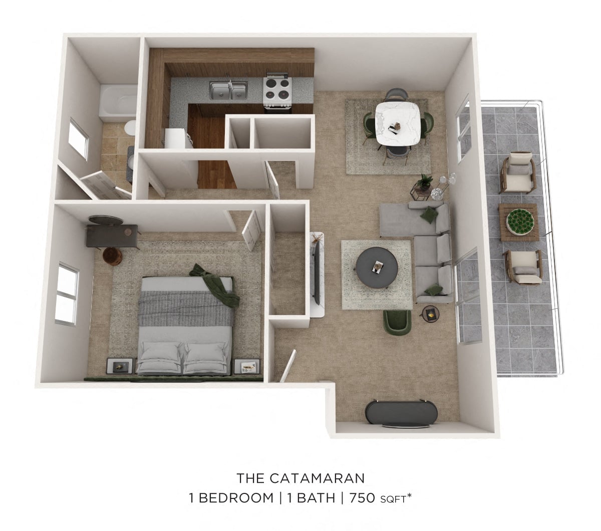 One bedroom - 750 sqft floor plan