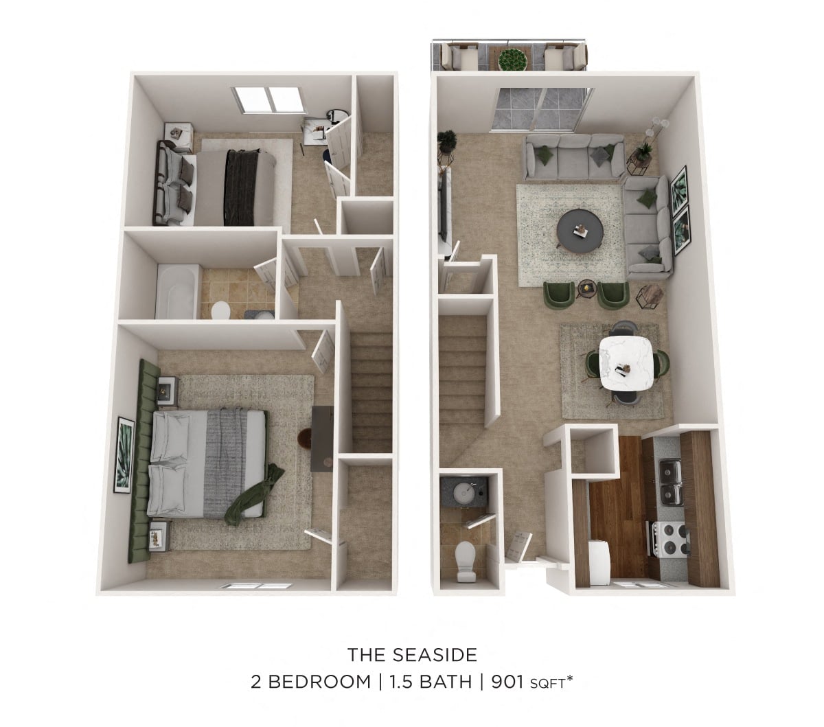 Two Bedroom 1.5 Bath Townhome - 901 sqft floor plan