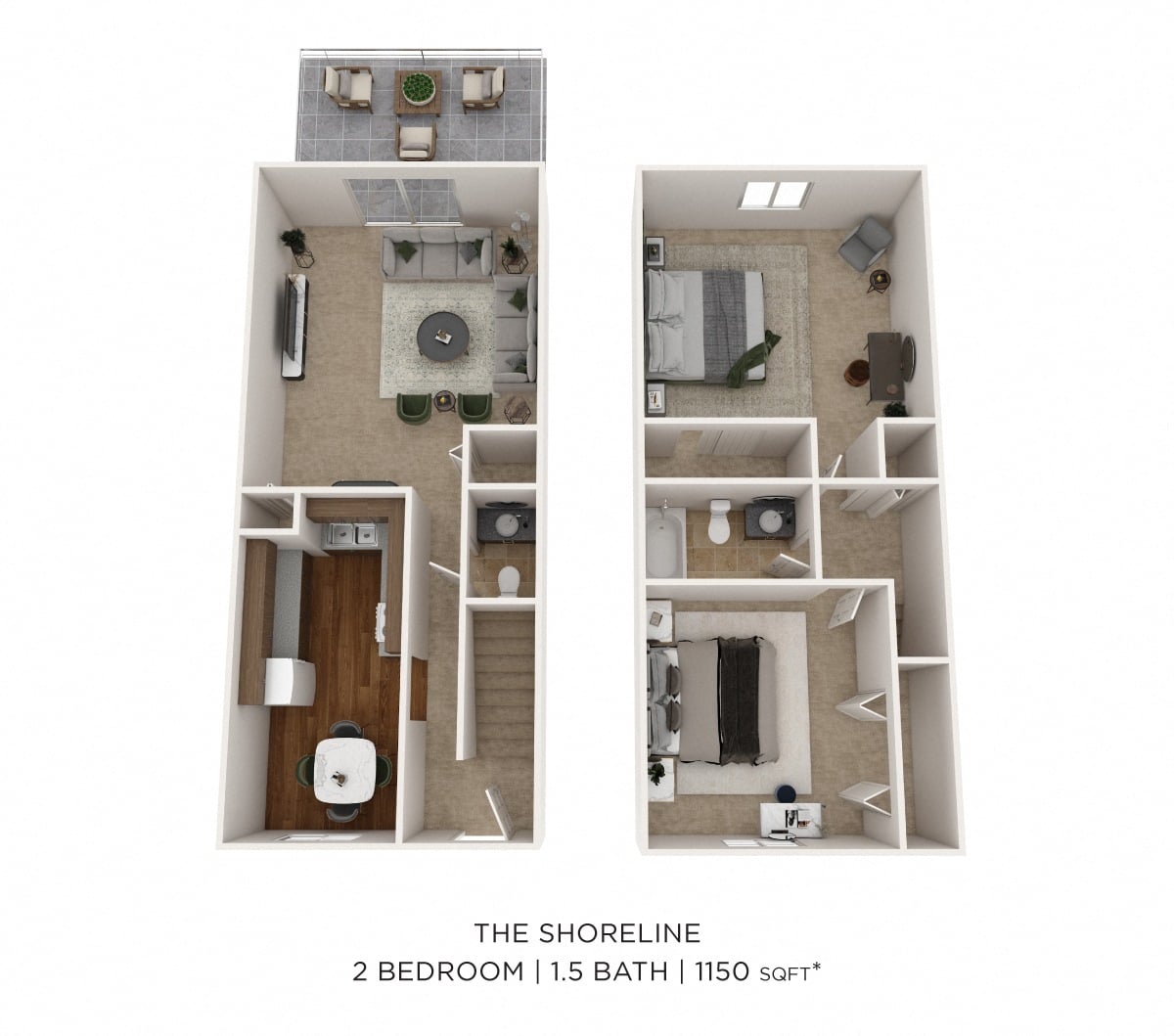 Two Bedroom 1.5 Bath Townhome - 1,150 sqft floor plan