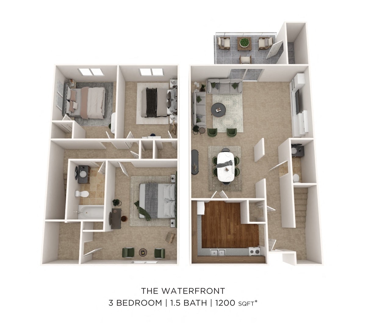 Three Bedroom 1.5 Bath Townhome - 1,200 sqft floor plan