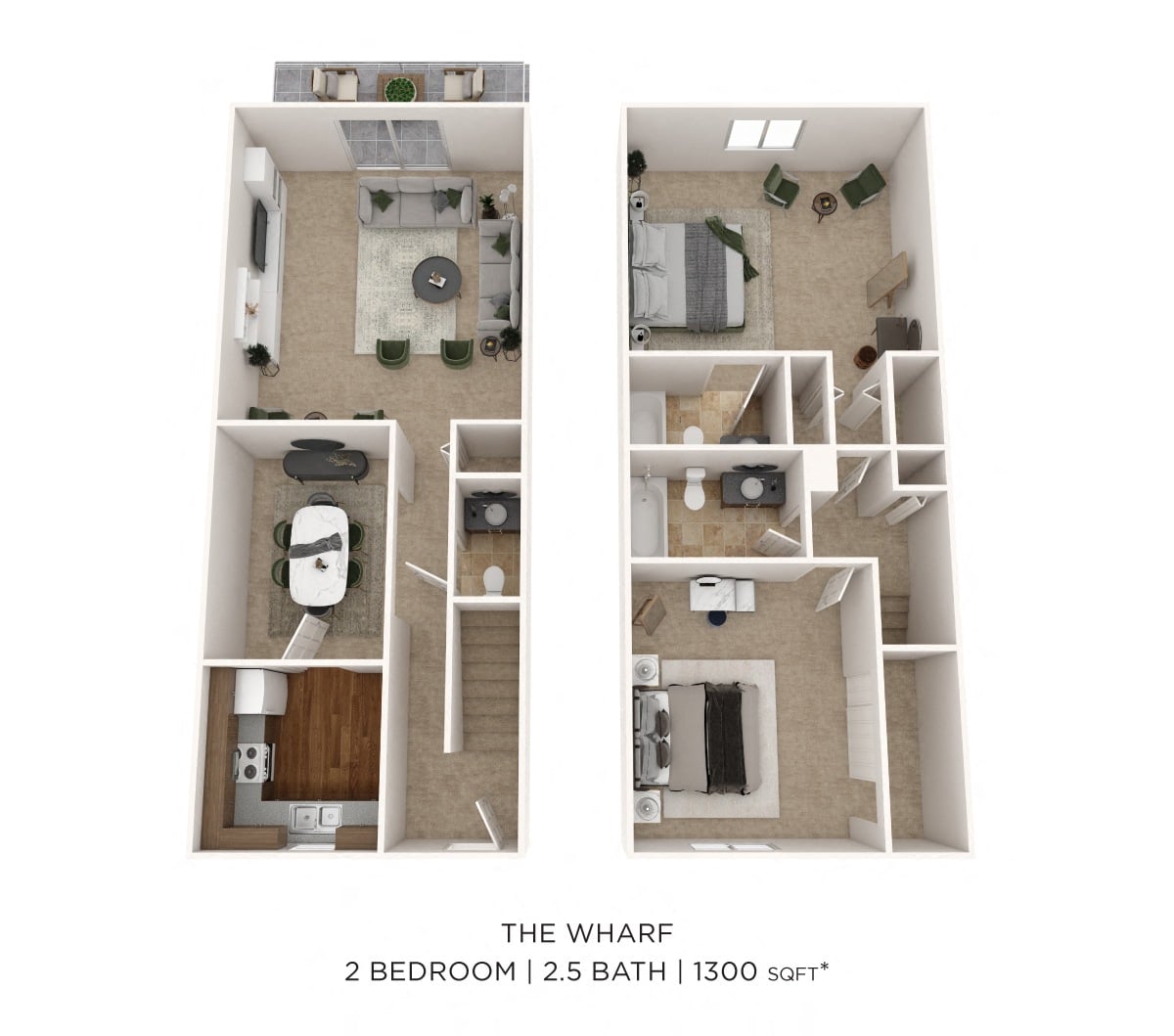 Two Bedroom 2.5 Bath Townhome - 1,300 sqft floor plan