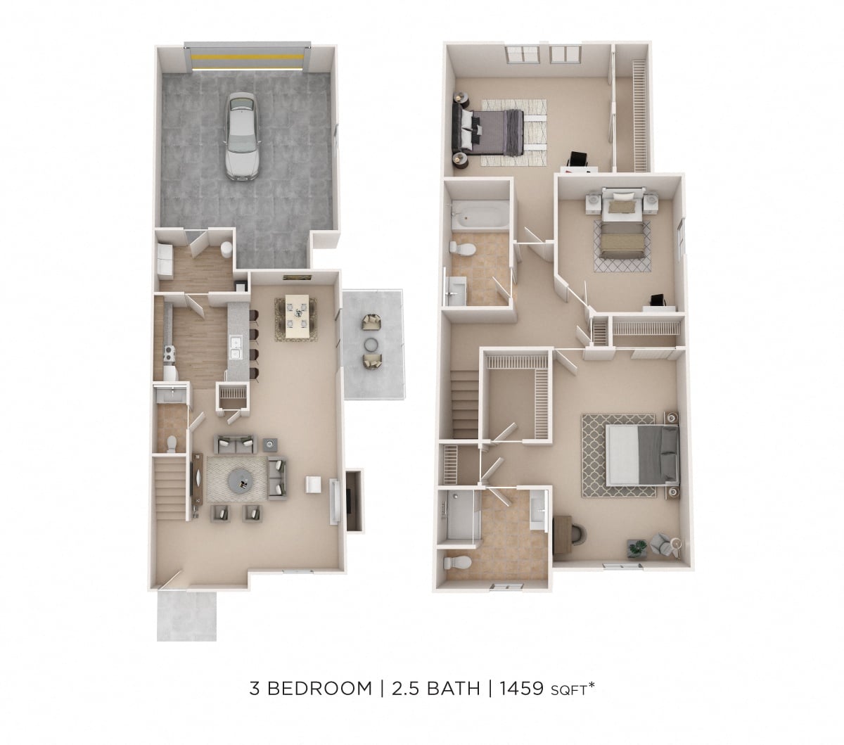 Three Bedroom 2 Bath- 1459 sqft floor plan