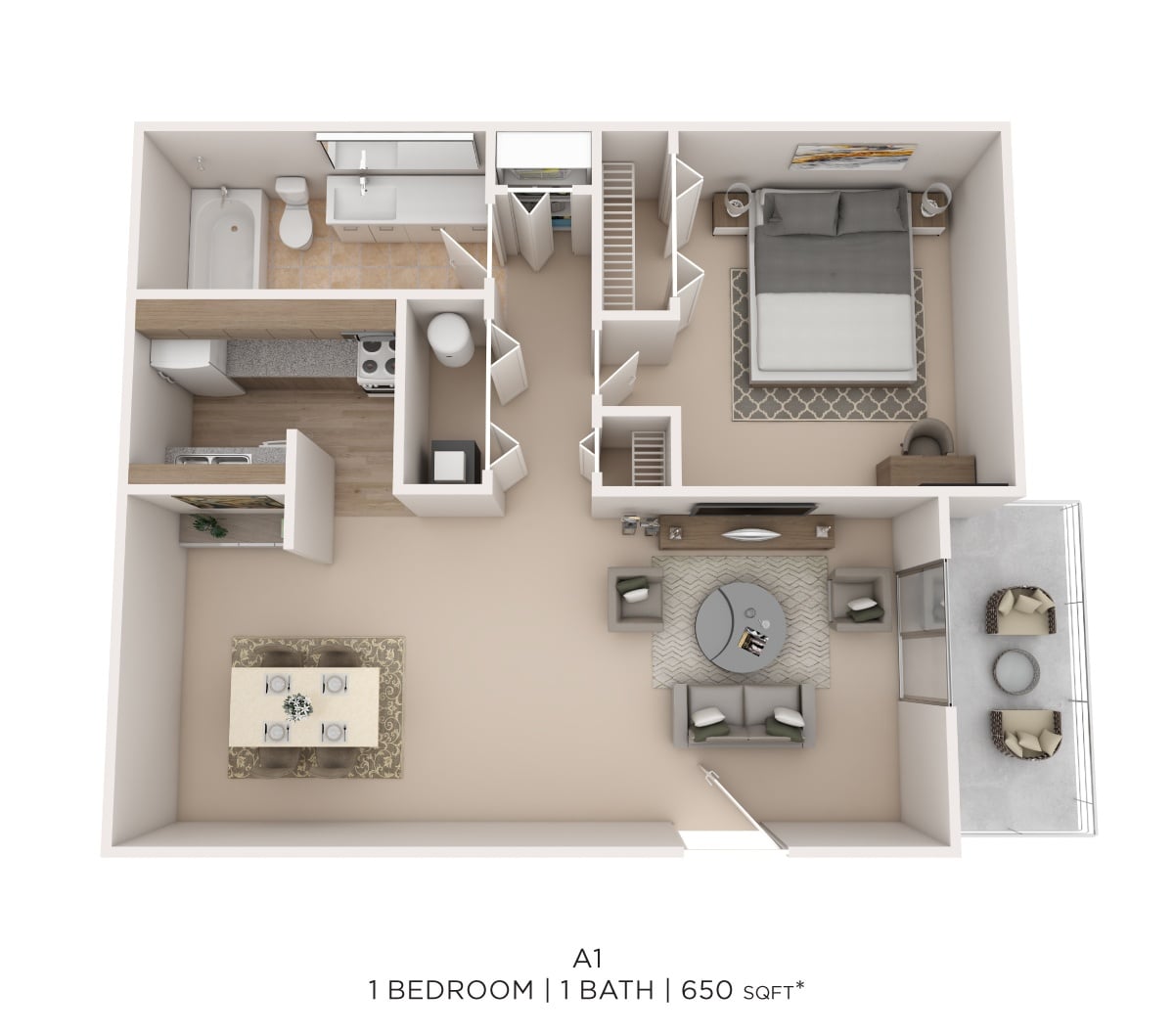 One Bed One Bath 650 Sqft floor plan