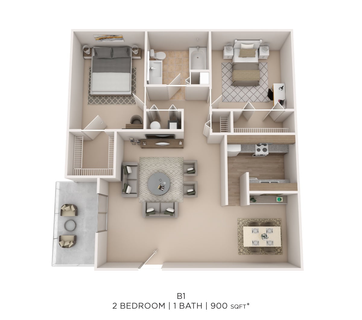 Two Bed One Bath 900 Sqft floor plan