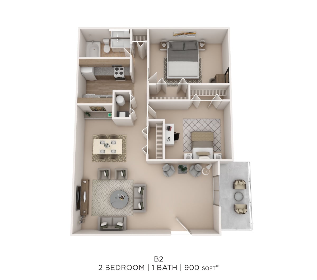 Two Bed One Bath - 900 Sqft floor plan