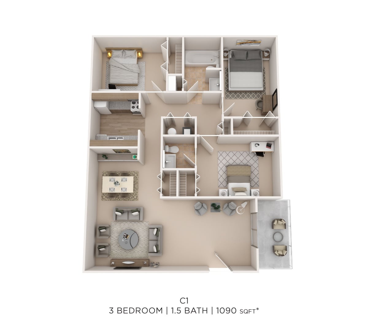 Three Bed 1.5 Bath - 1090 Sqft floor plan