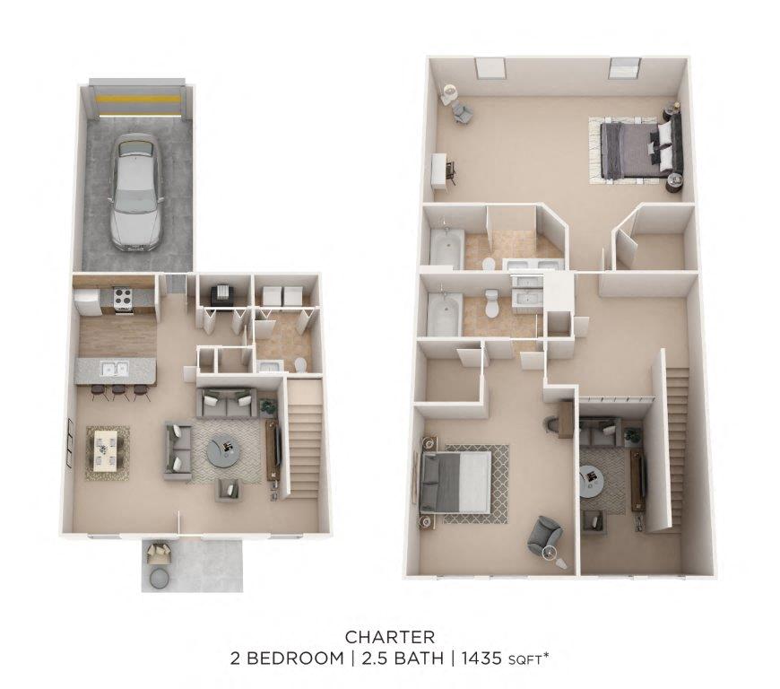 Two Bedroom 2.5 Bath Townhome- 1435 sqft floor plan